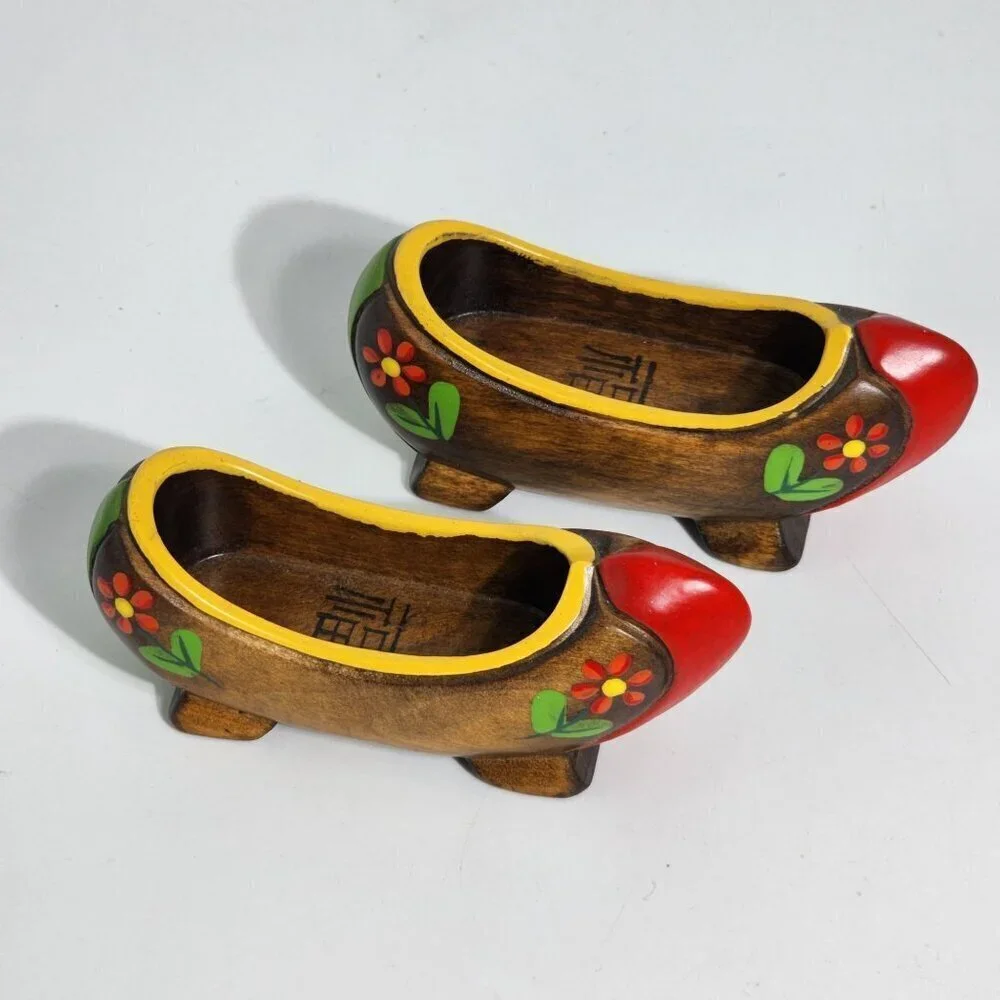 Miniature Hand Painted Vintage Wooden Clogs With Floral Design Red Tips Pair
